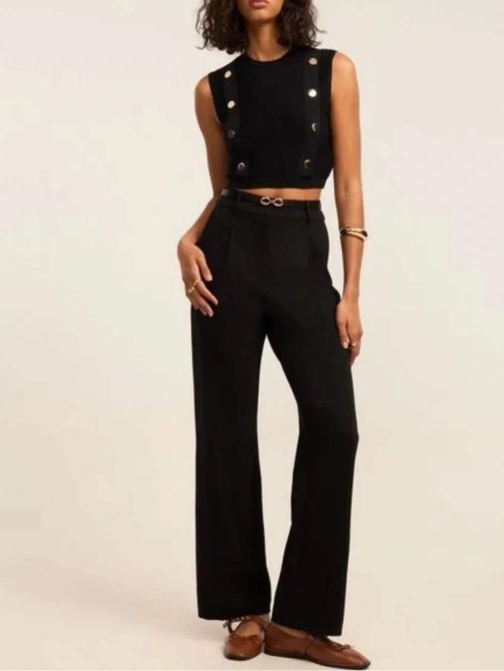 Zara Black Crop Knit Top Gold Accents Medium
